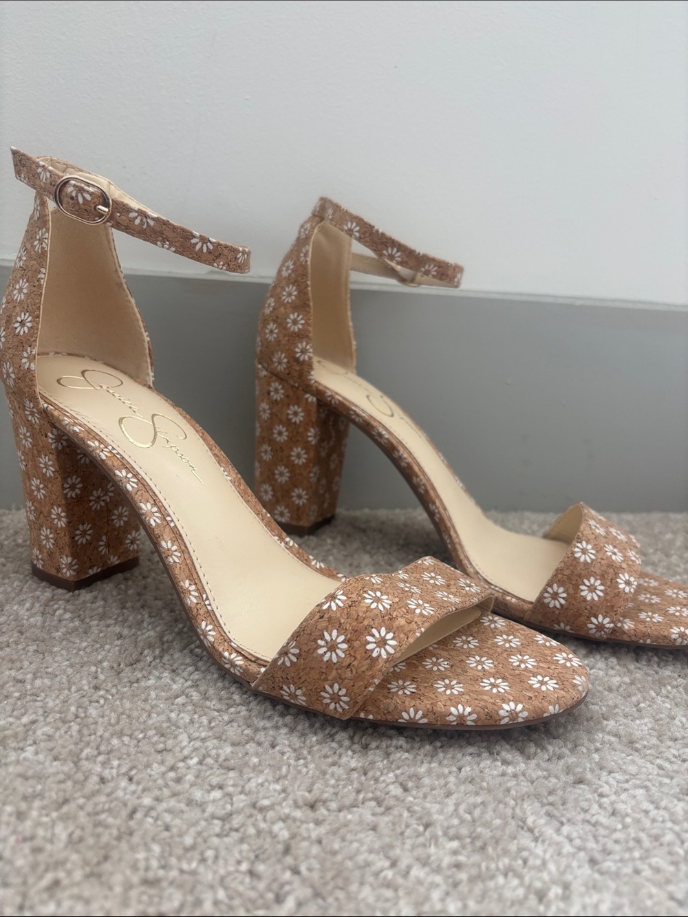 Jessica Simpson Tan Daisy Print Block Heel Sandals